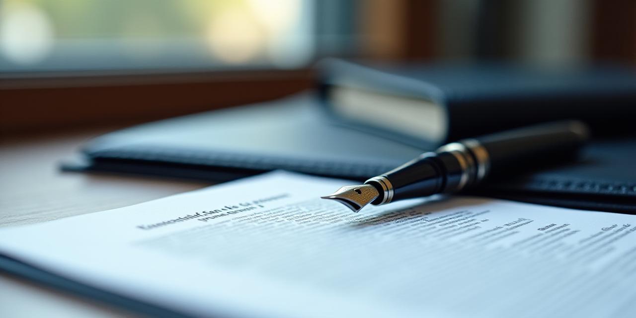 Close-up of professional legal documents and a fountain pen on a polished desk